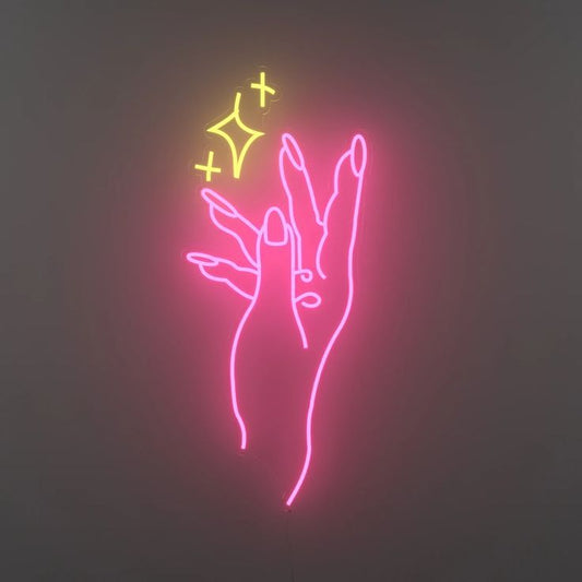 Stars Girl Hand Salon Neon Sign | Custom Neon Sign | Neon for Makeup Studio Neon sign of a hand and stars on a dark background