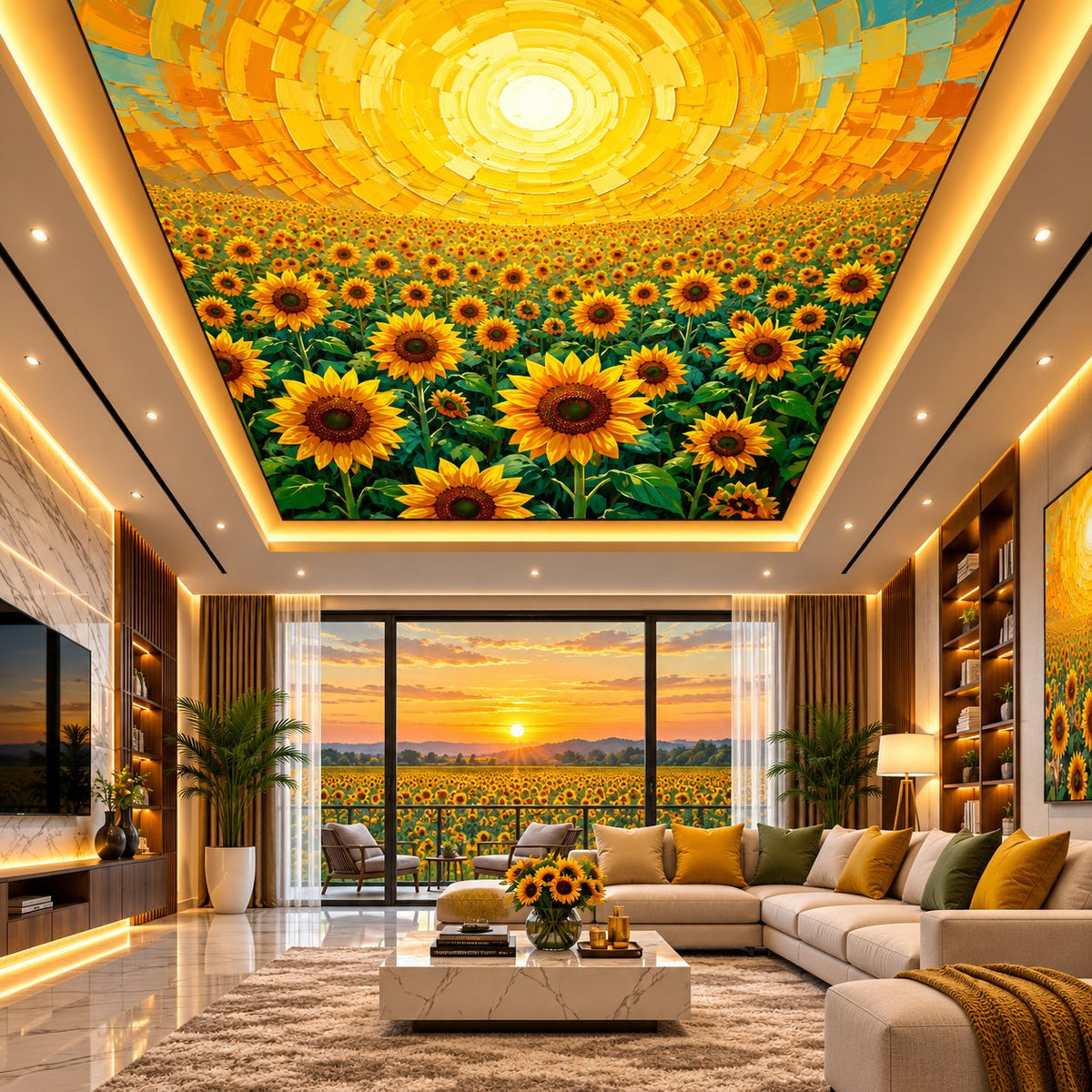Illuminated false ceiling featuring vibrant sunflower artwork in a contemporary living room
