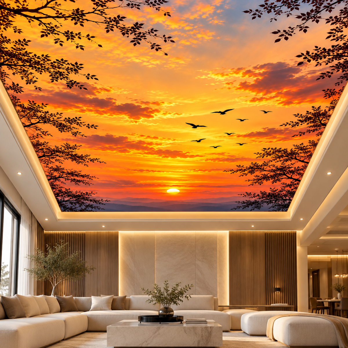 Sunset Sky Printed Stretch Ceiling Fabric with LED Backlighting for Luxury Interiors