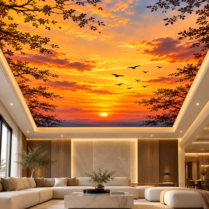 Sunset Sky Printed Stretch Ceiling Fabric with LED Backlighting for Luxury Interiors