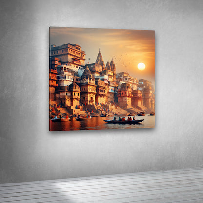 Varanasi riverfront temple artwork canvas print for spiritual interiors