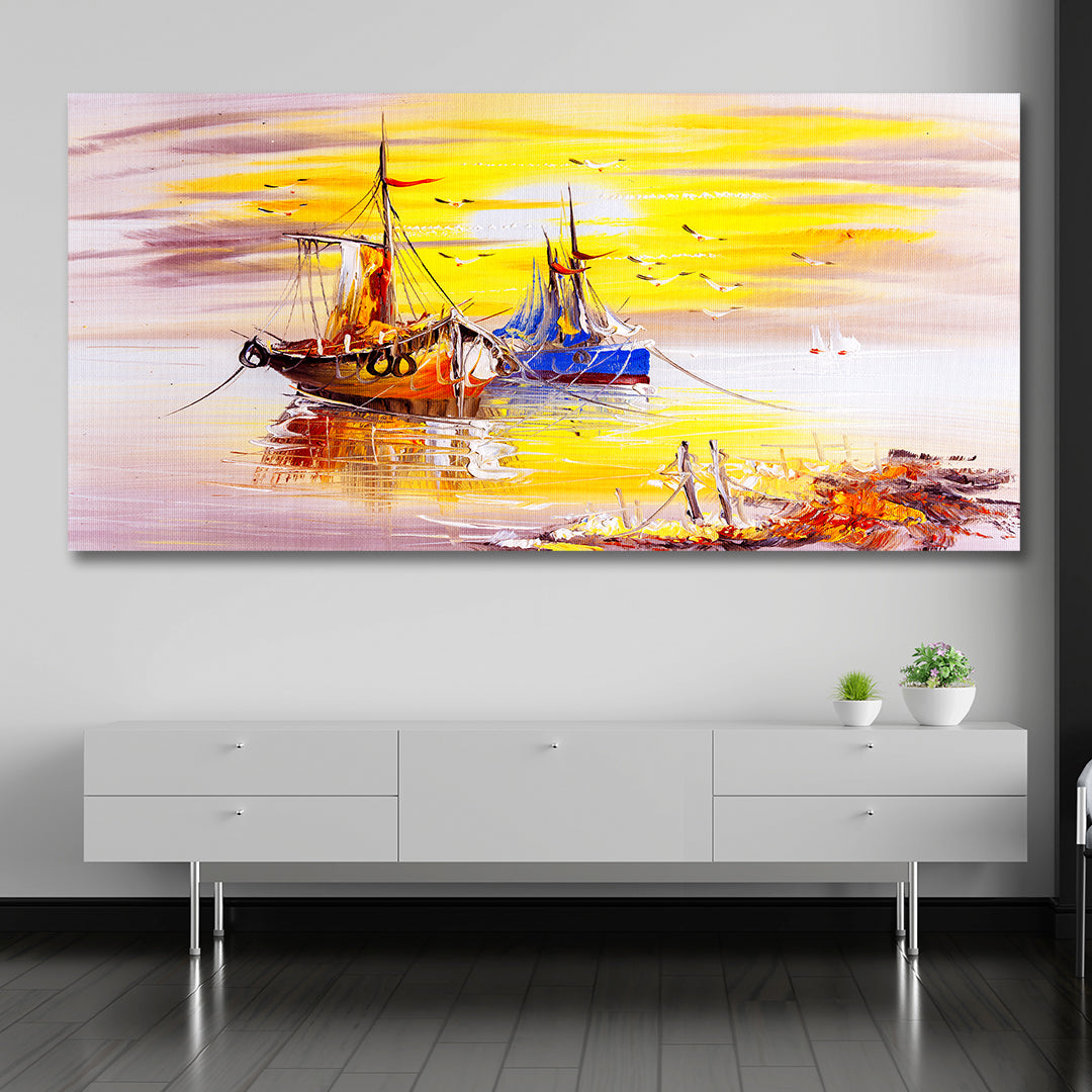 Serene Fishing Boats Sunset Canvas Wall Art for Modern Home Décor