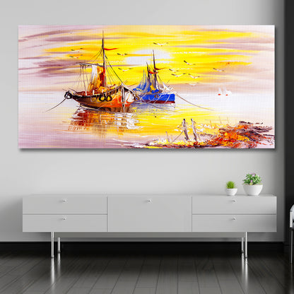 Serene Fishing Boats Sunset Canvas Wall Art for Modern Home Décor