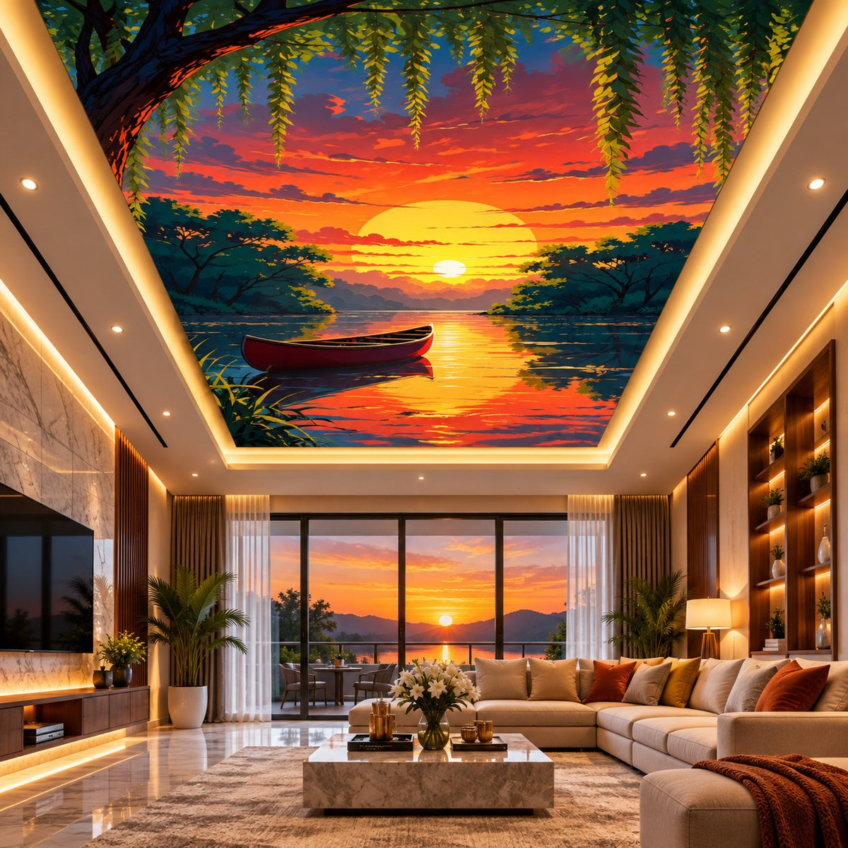 Recessed illuminated false ceiling featuring a scenic sunset lake and rowing boat artwork