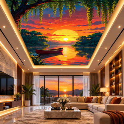 Recessed illuminated false ceiling featuring a scenic sunset lake and rowing boat artwork