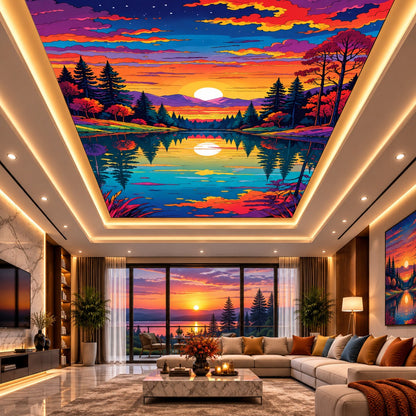 Recessed illuminated false ceiling featuring a stylized sunset forest lake landscape