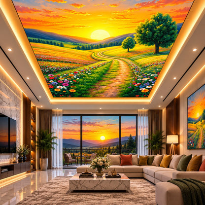 Illuminated false ceiling featuring a colourful floral meadow landscape in a modern living room