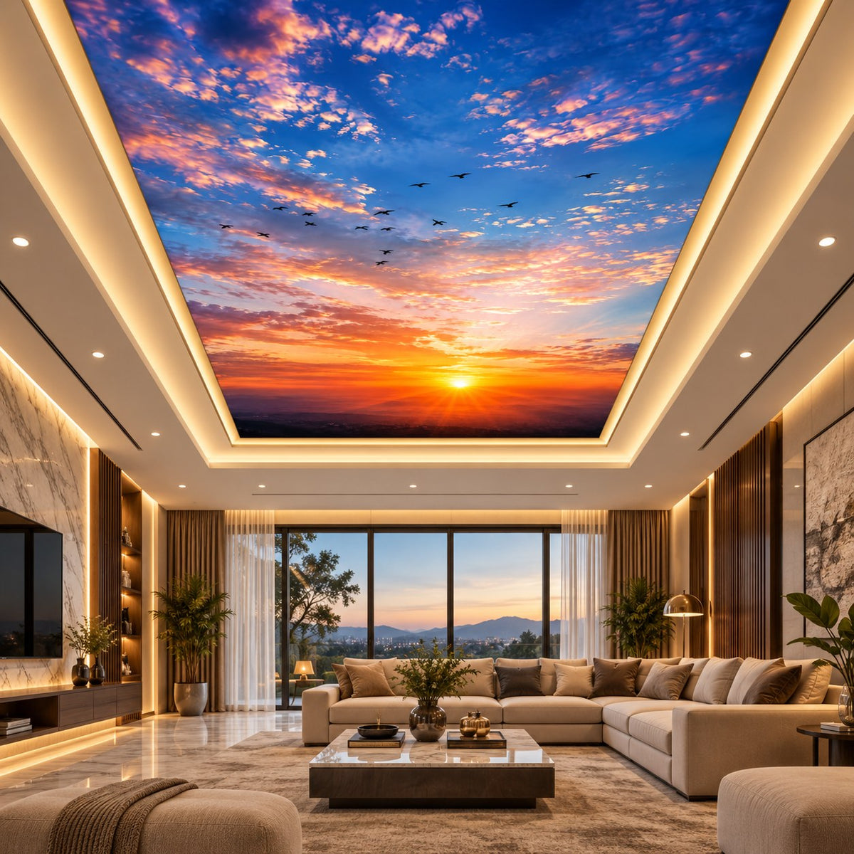 Recessed false ceiling featuring a dramatic sunset sky artwork with warm perimeter lighting
