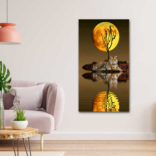 Surreal Tiger Full Moon Abstract Canvas Painting | Big Large Size Nature Landscape Canvas Wall Frame (24x48 Inches) Canvas print of a tiger by a lake with a full moon in a living room setting.