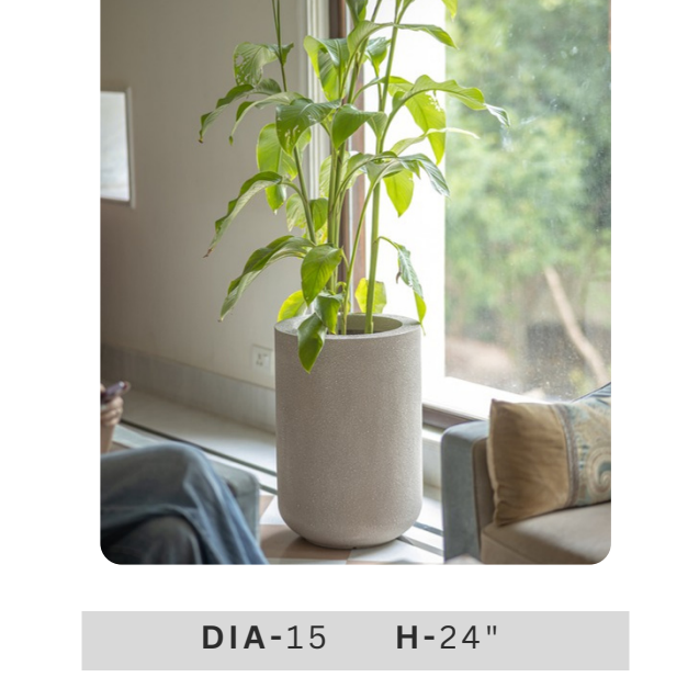 Green artificial indoor plant in textured grey cylindrical pot for entrance, balcony and contemporary interior decoration