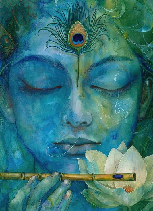 Temple Inspired Radha Krishna | Canvas Painting for Temple Room Artistic depiction of a blue-skinned figure with peacock feather and lotus flower, holding a flute.