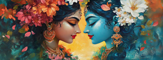 Temple Room Radha Krishna Canvas Painting | Peaceful Art Decor  Two faces, one with dark hair and the other with blue hair, surrounded by flowers and jewelry.
