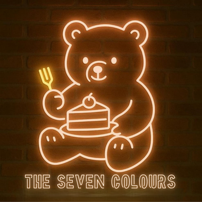 Cute Neon Bear Wall Light with Cake – Glowing LED Sign for Café or Kids’ Room