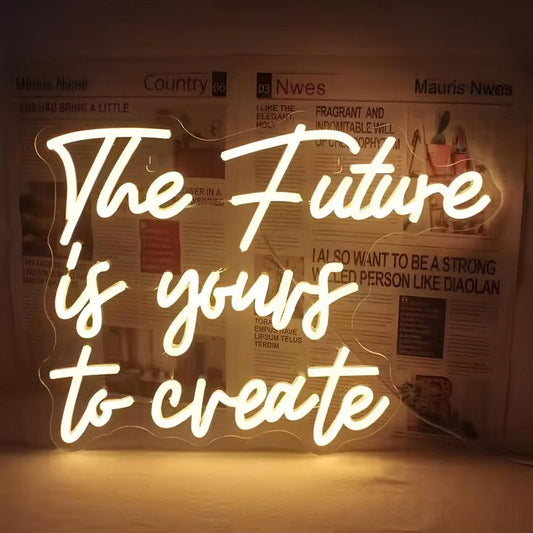 The Future is Yours Neon Sign | Custom Neon Sign | Neon for Gym Wall Decor Neon sign with 'The Future is yours to create' text on a newspaper background