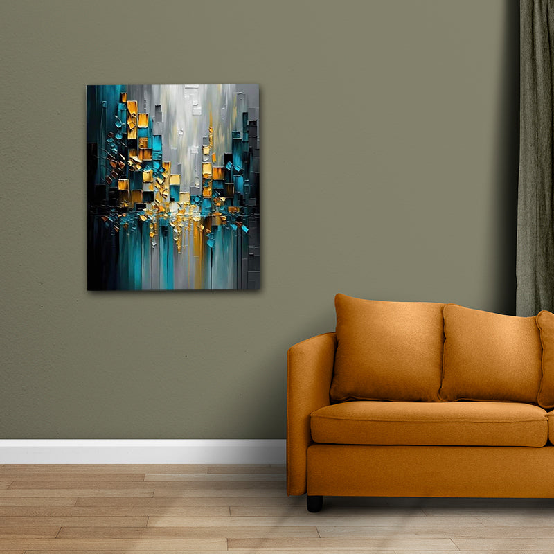 The Seven Colours Abstract Canvas Painting Wall Art Frame for Wall Decor | Canvas Painting Frame Abstract painting on a wall above an orange sofa in a room with a green wall.