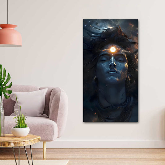 The Third Eye of Lord Shiva Canvas Painting Wall Frame | Big Large Size Canvas Painting Wall Frame (24x48 Inches) Framed artwork of a stylized face with a light source on a wall above a sofa.