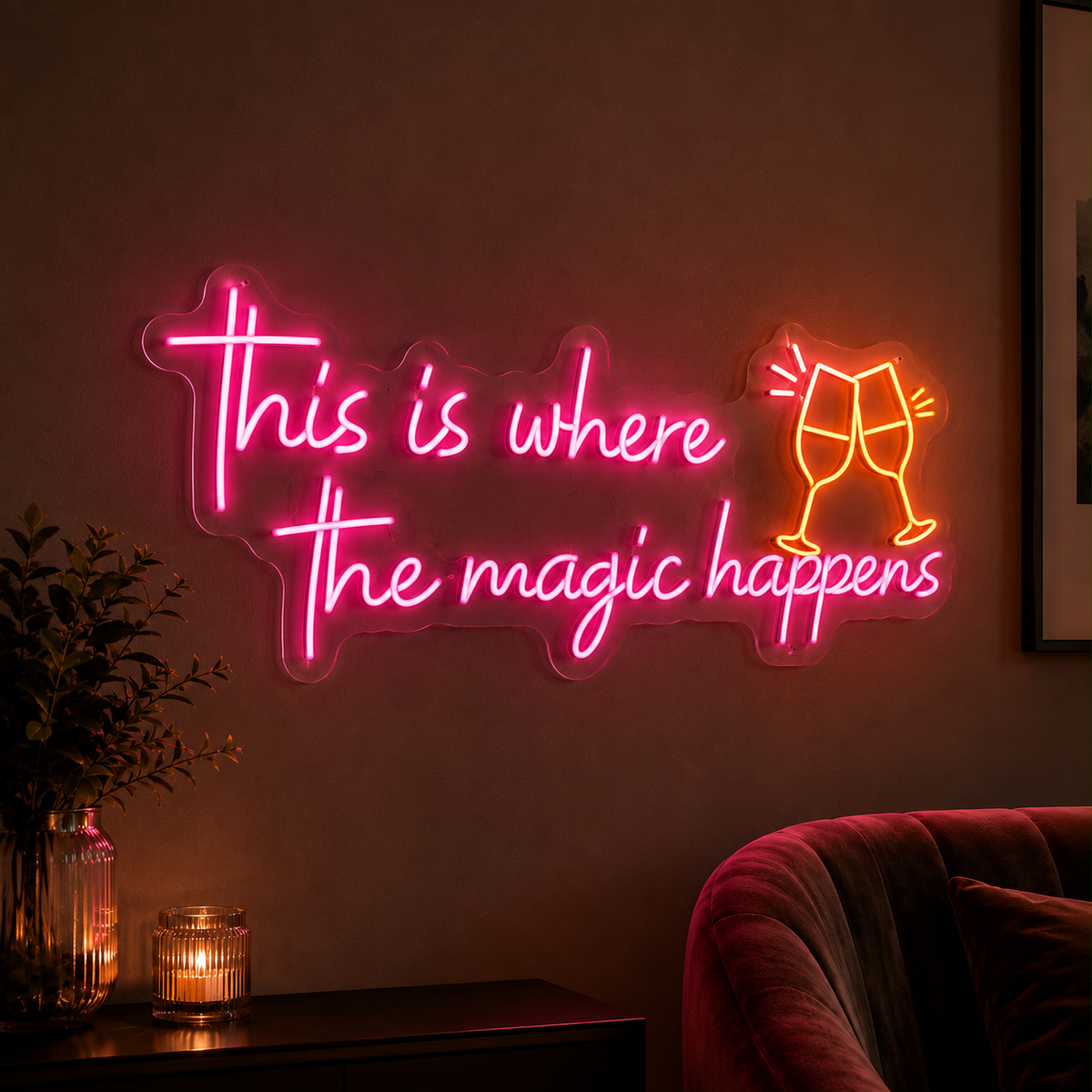 Modern LED neon wall sign with "This Is Where the Magic Happens" quote for bars, cafés and restaurants