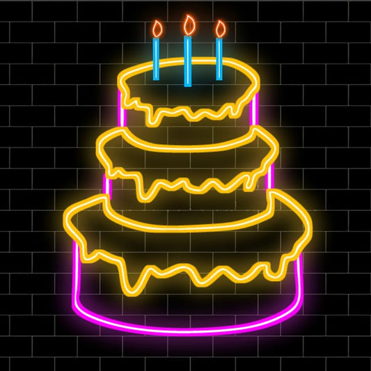 Three Level Cake Neon Sign – Custom Neon Sign for Living Room Neon light shaped like a birthday cake with candles on a brick wall background