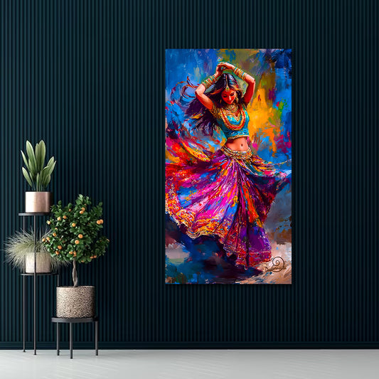 Traditional Abstract Dancing Girl Canvas Painting Wall Frame | Big Large Size (24x48 Inches) Colorful painting of a dancer on a dark blue wall with plants below.
