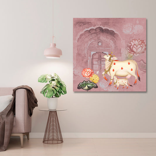 Indian heritage cow and calf wall decor featuring lotus flowers and ornate architectural design