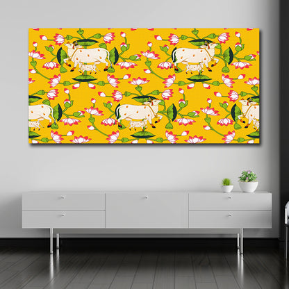 Traditional Indian cow and lotus pattern wall painting ethnic folk art canvas decor