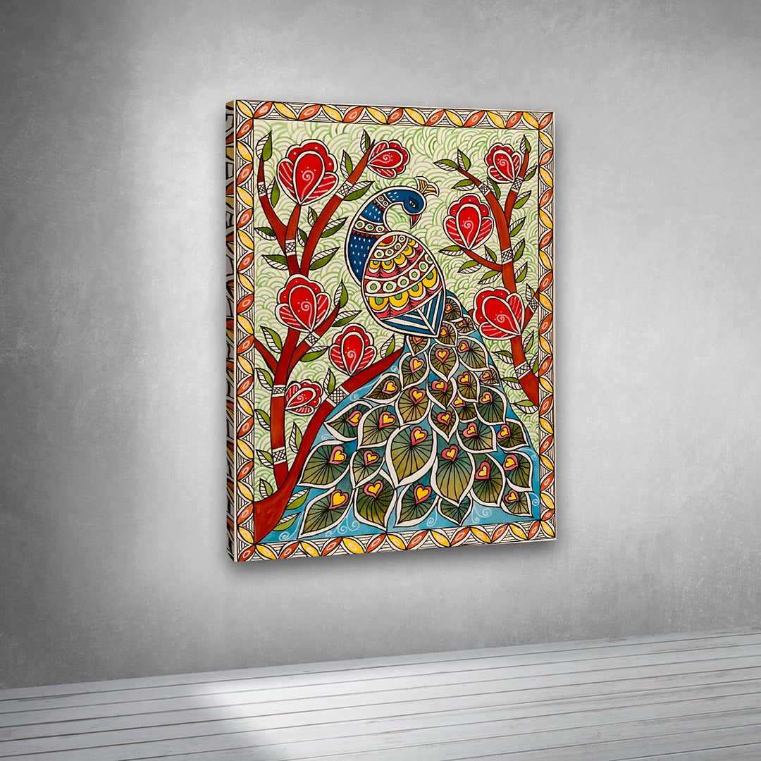 Traditional Indian peacock painting wall art with floral design for living room
