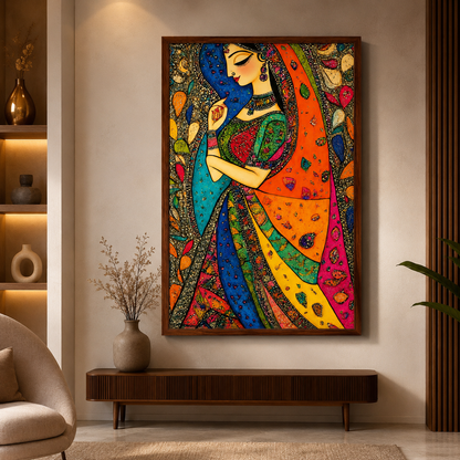 Colorful Indian woman portrait canvas painting with traditional attire and folk art design