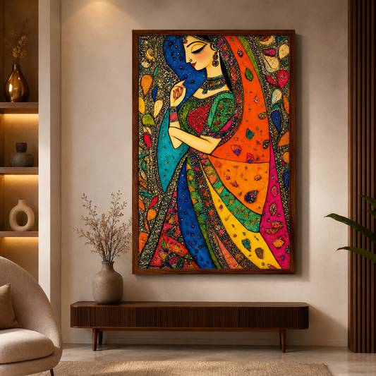 Colorful Indian woman portrait canvas painting with traditional attire and folk art design