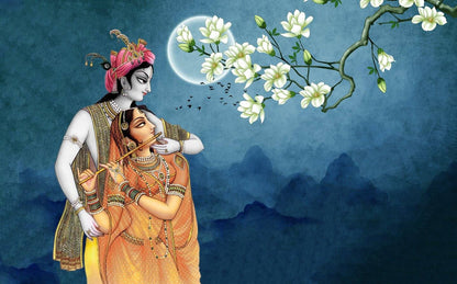 Traditional Radha Krishna Peel Stick Wallpaper | Easy Decor Illustration of two figures in traditional attire with a floral branch and moon in the background