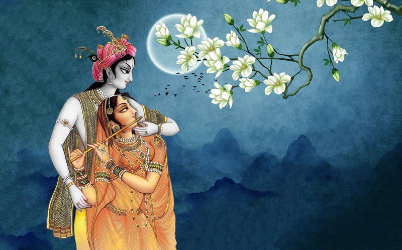 Traditional Radha Krishna Peel Stick Wallpaper | Easy Decor Illustration of two figures in traditional attire with a floral branch and moon in the background