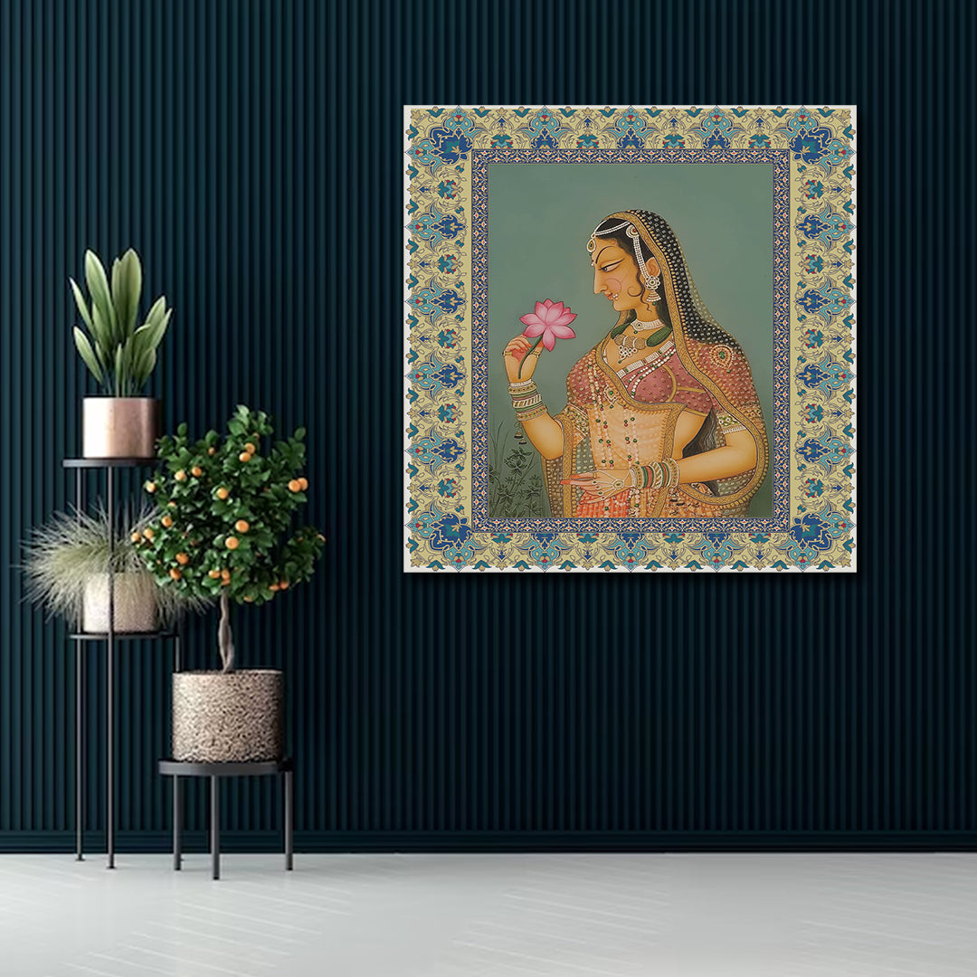 Traditional Rajasthani woman miniature style canvas wall painting with ethnic jewelry and lotus for living room decor