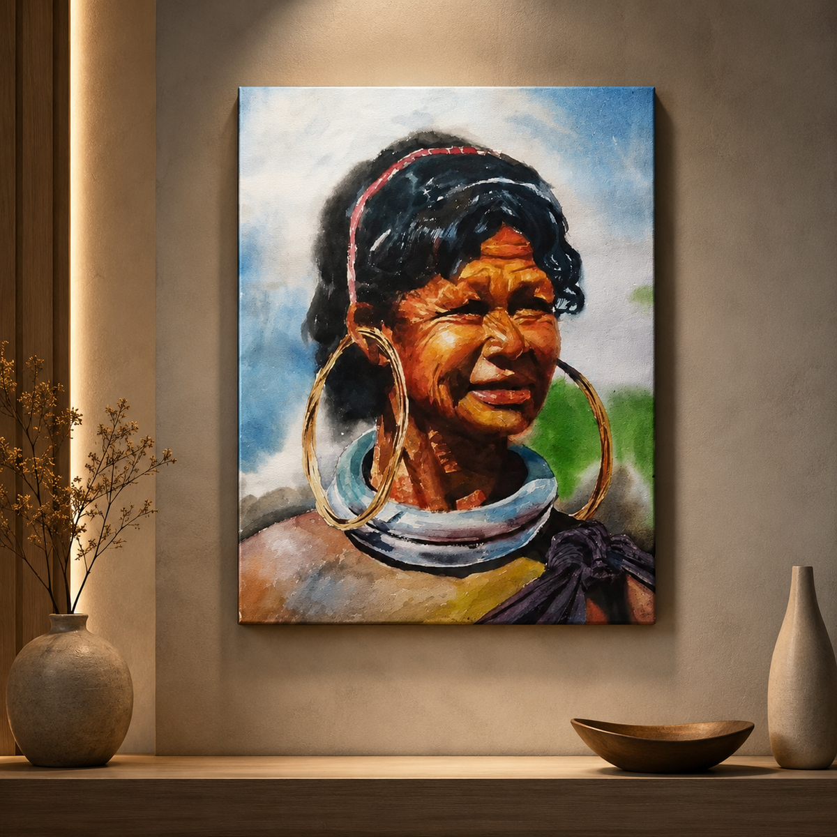 Contemporary tribal portrait canvas painting with traditional jewelry for office decor