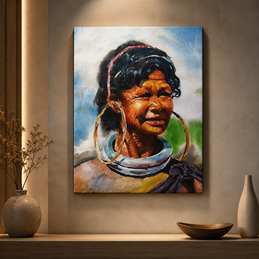 Contemporary tribal portrait canvas painting with traditional jewelry for office decor