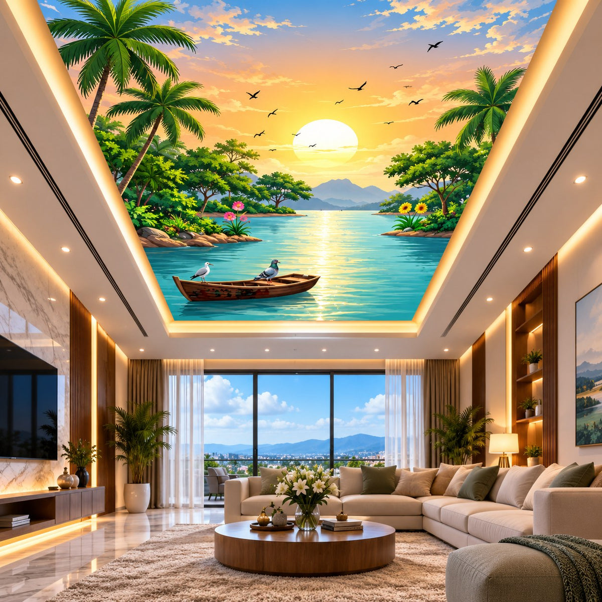 Recessed illuminated false ceiling featuring a tropical island lake scene above a modern living room