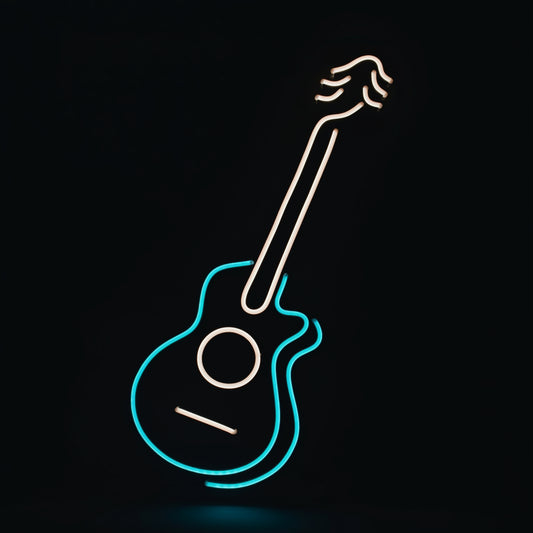 Guitar neon wall sign with turquoise and white illumination for music room and studio decor