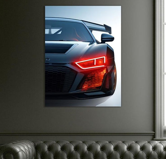UV Car Neon Sign | Custom Neon Sign | Neon for Detailing Studio Car headlight poster on a wall above a sofa