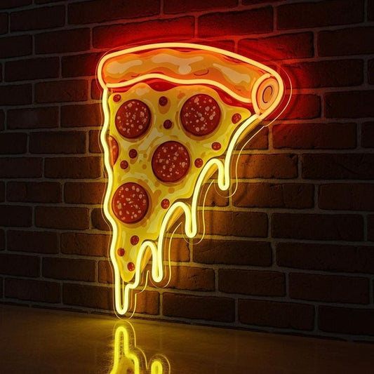 UV Pizza Cut Slice Neon Sign | Custom Neon Sign | Neon for Restaurants and Shops Neon sign shaped like a slice of pizza on a brick wall background