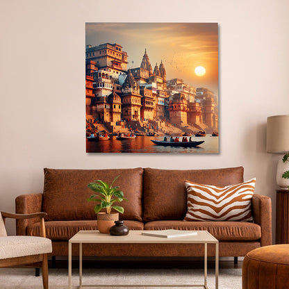 Varanasi Ganga Ghat wall painting Banaras sunset canvas wall art