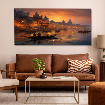 Varanasi Ganga ghat sunset wall painting with boats on river canvas art