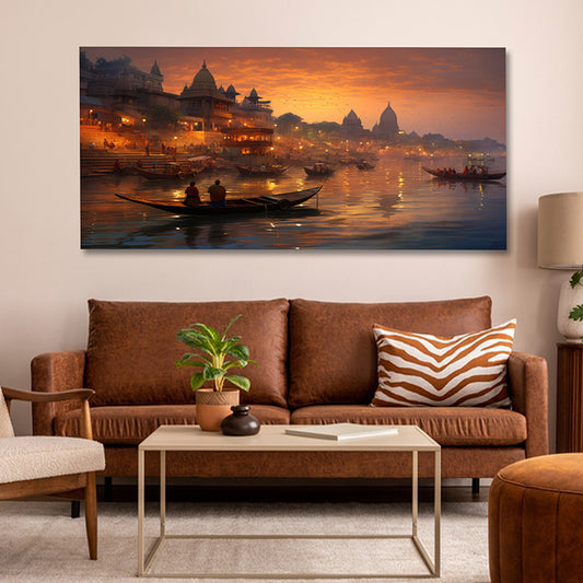 Varanasi Ganga ghat sunset wall painting with boats on river canvas art