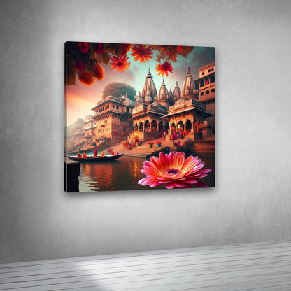 Spiritual riverside temple artwork canvas print for contemporary interiors