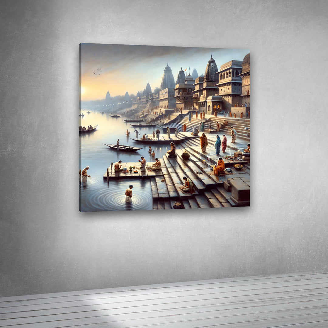 Sacred riverside cityscape artwork canvas print for spiritual interiors