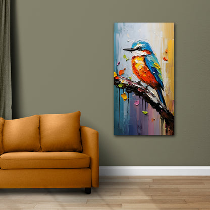 Vibrant Kingfisher Bird Abstract Painting Canvas Wall Frame | Big Large Size Palette Knife Animal Art (24x48 Inches) Colorful bird painting on a wall above an orange sofa.