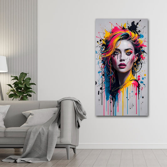 Vibrant Modern Art Woman Portrait Canvas Painting Wall Frame | Big Large Size Abstract Colorful Street Art (24x48 Inches) Colorful abstract painting of a woman's face on a wall in a living room.