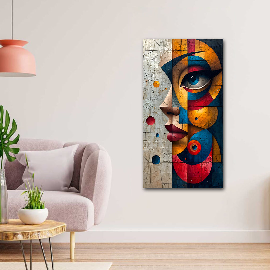 Vibrant Pop Art Woman Abstract Painting Canvas Wall Frame | Big Large Size Modern Neon Drip Portrait Decor (24x48 Inches) Abstract art painting on a wall in a living room setting