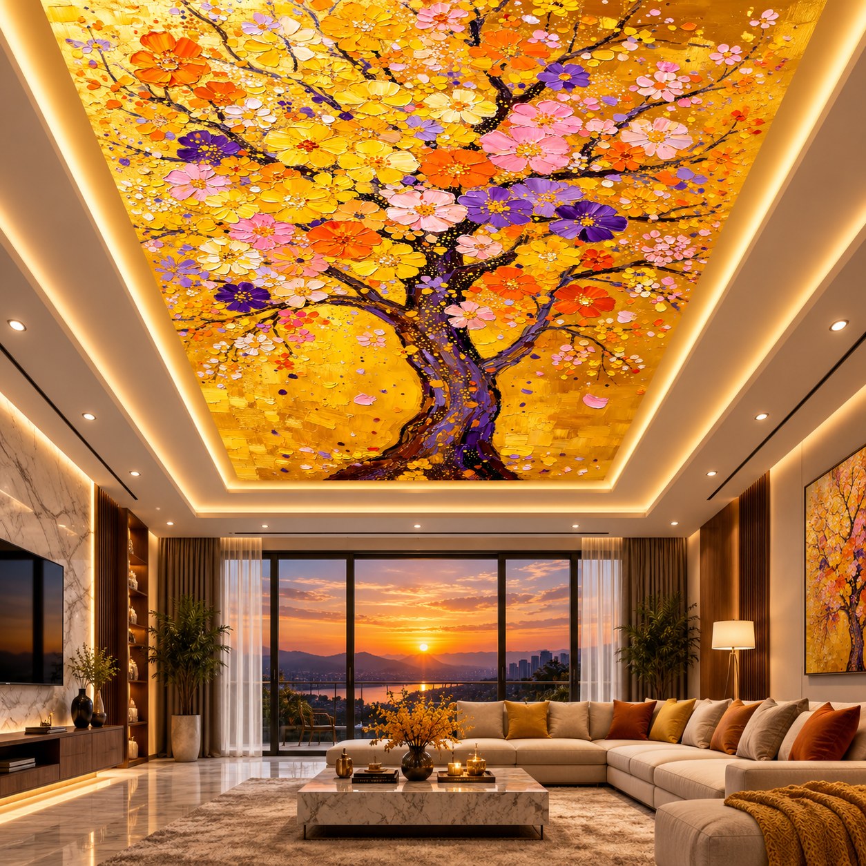 Illuminated false ceiling featuring colourful flowering tree artwork above a modern lounge