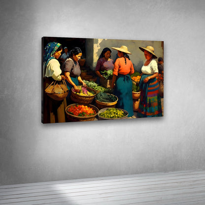 Village women vegetable market painting colorful lifestyle wall art for home