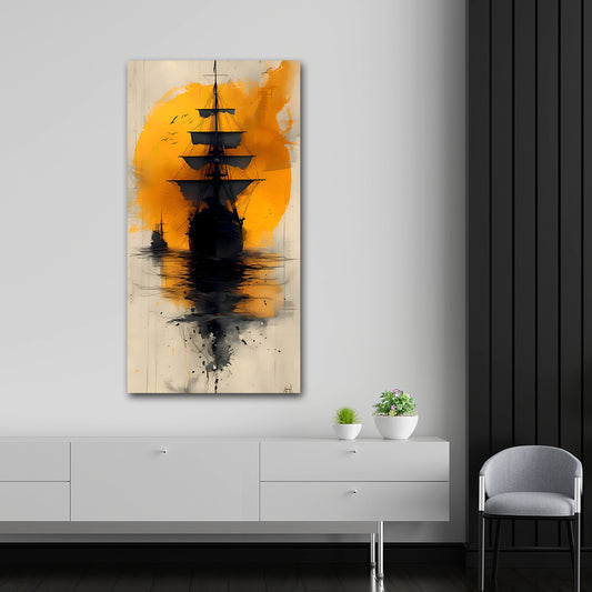 Vintage Sailing Ship Silhouette Canvas Painting Wall Frame | Big Large Size Canvas Painting Wall Frame (24x48 Inches) Abstract painting of a ship on an orange background in a modern interior setting.
