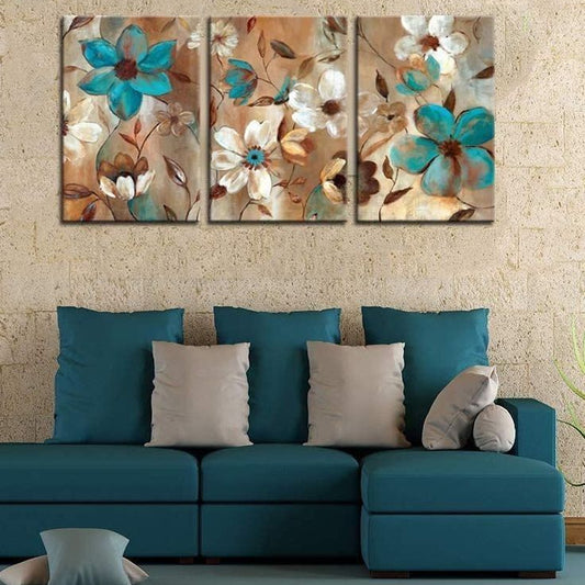 Decorative triptych floral canvas wall decor with turquoise flowers for living room and bedroom