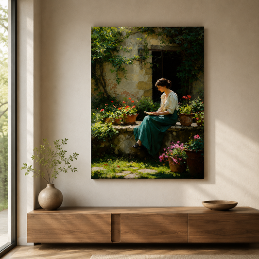 Elegant woman reading in a flower garden canvas painting for classic home interiors